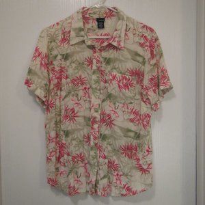 Basic Editions Pink Green Floral Tropical Hawaiian Shirt Women's L 100% Rayon